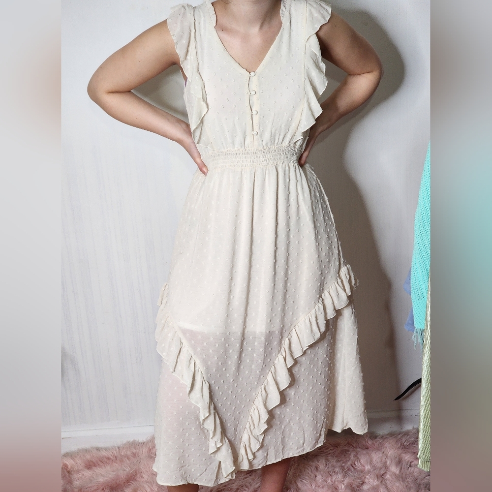 Peach Love Ivory High Low Delicate Popcorn Texture Mid Ruffle Dress